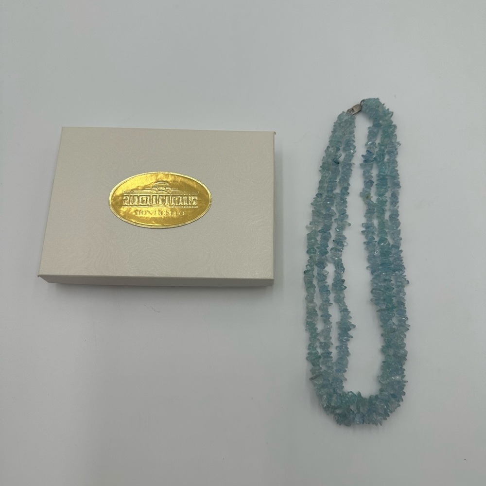 Vintage 3 Strand Raw Aquamarine Necklace with 925 Silver Clasp
